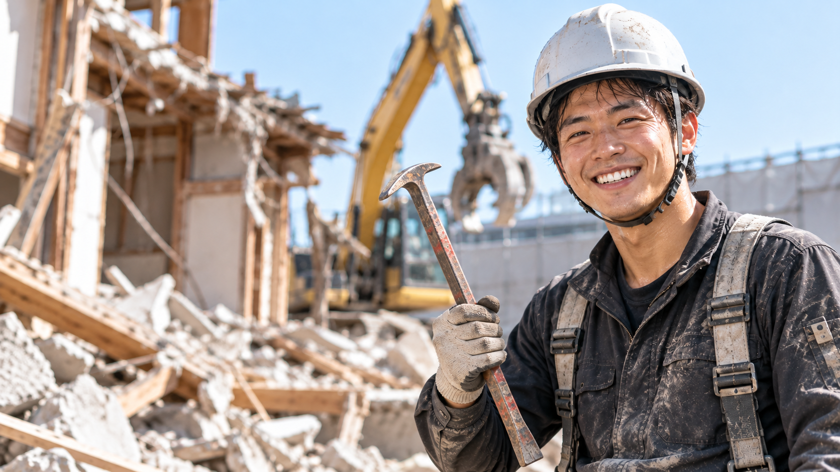 解体現場で工具を手に笑顔を見せる作業員（仕事のイメージ）